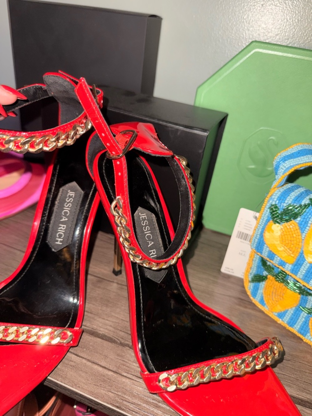 Jessica Red Patent Leather Heels with Gold Chain Detail - Picture 2 of 11